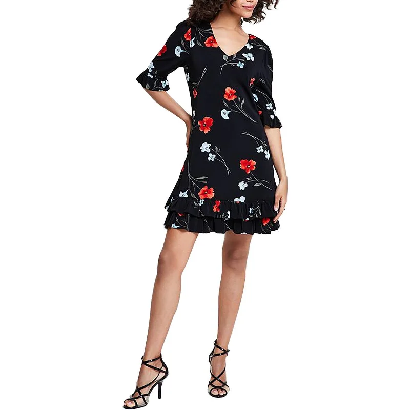 CeCe Womens Floral Print Ruffled Hem Shift Dress