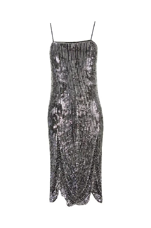 Crazy Savings Vintage Black Silk & Silver Sequin Art Deco Party Dress, 1980s