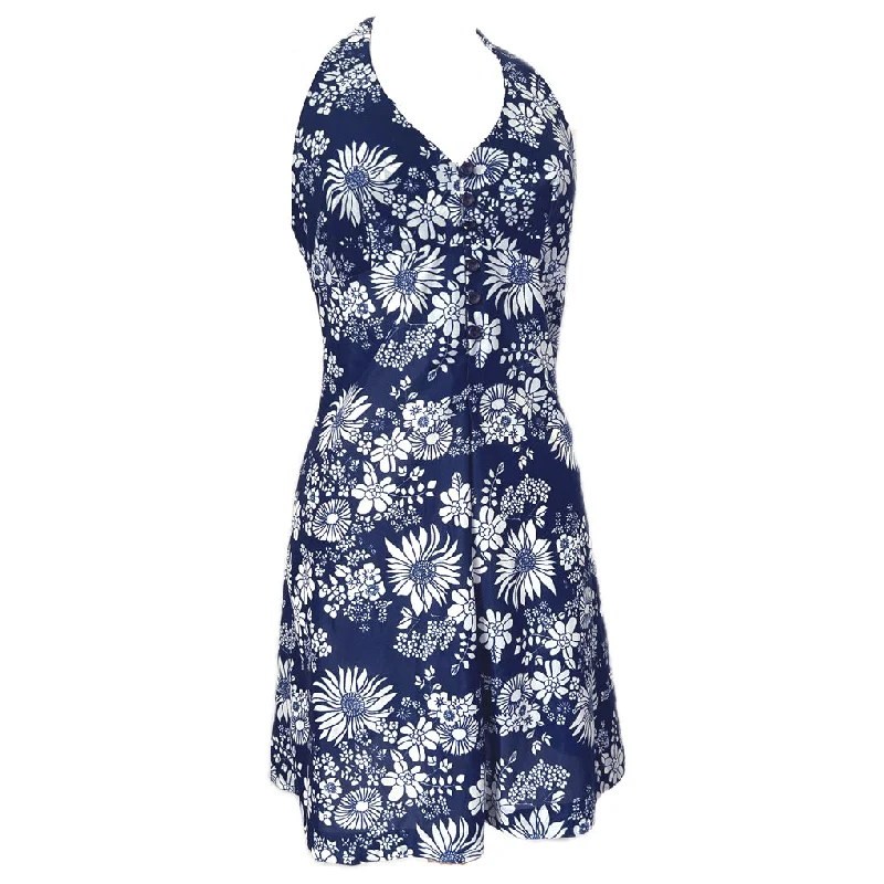 Stock Up and Save Navy blue and white floral 1960s halterneck mini dress