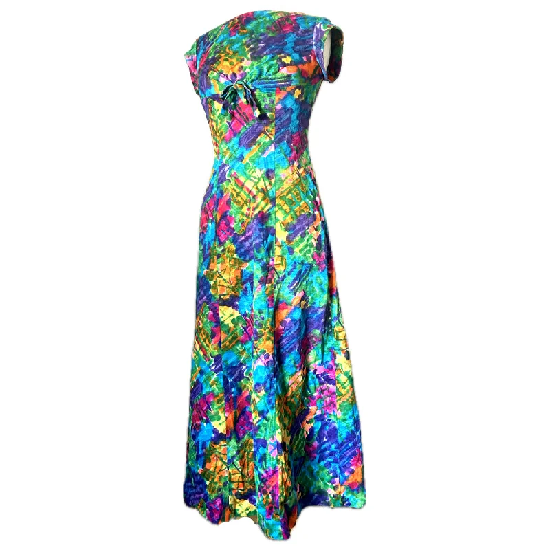 Take Advantage Abstract rainbow print vintage 1960s Hawaiian dress with train