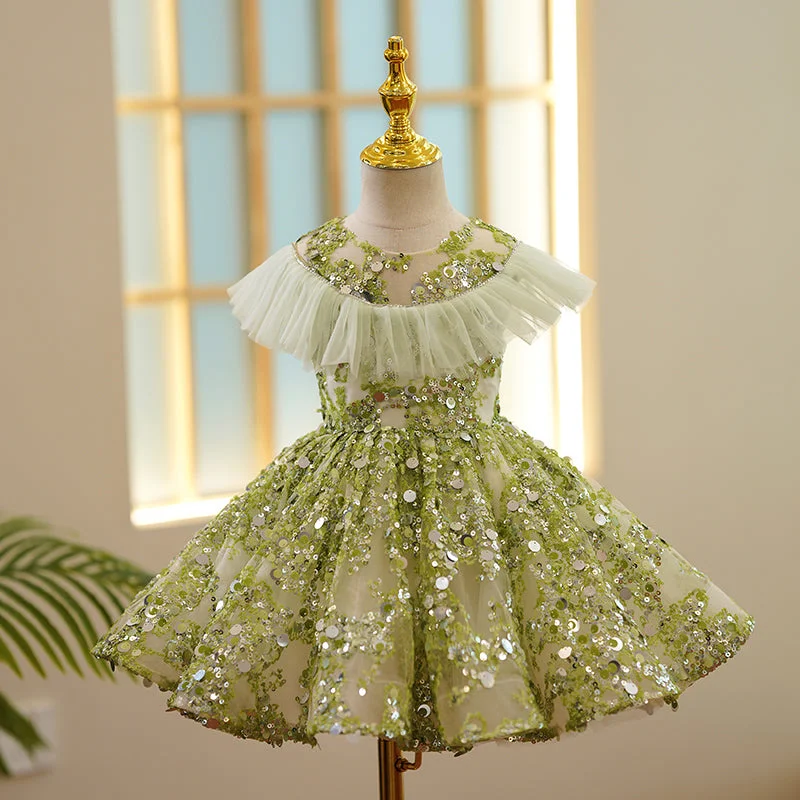 Super Sale Flower Girl Dress Toddler Summer Green Cute Sequined Formal Princess Dress