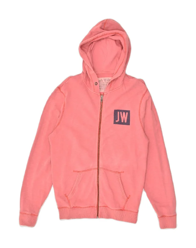 Can't Miss JACK WILLS Womens Graphic Zip Hoodie Sweater UK 14 Large Pink Cotton