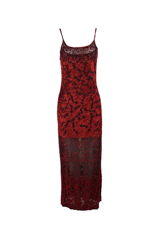 Deal Dash Vintage Red Burnout Velvet Devoré Maxi Dress, 1990s