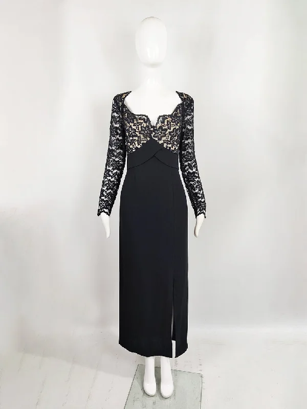 Savings Event Bob Mackie Vintage Black Crepe & Lace Maxi Evening Gown