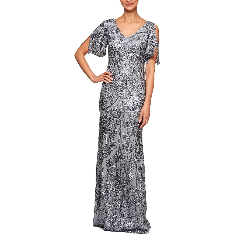 Alex Evenings Womens Petites Sequined Cold Shoulder Evening Dress