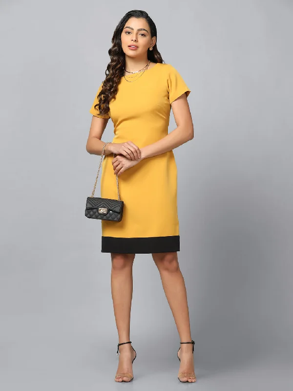Stock Clearance Stretch Sheath Dress- Mustard