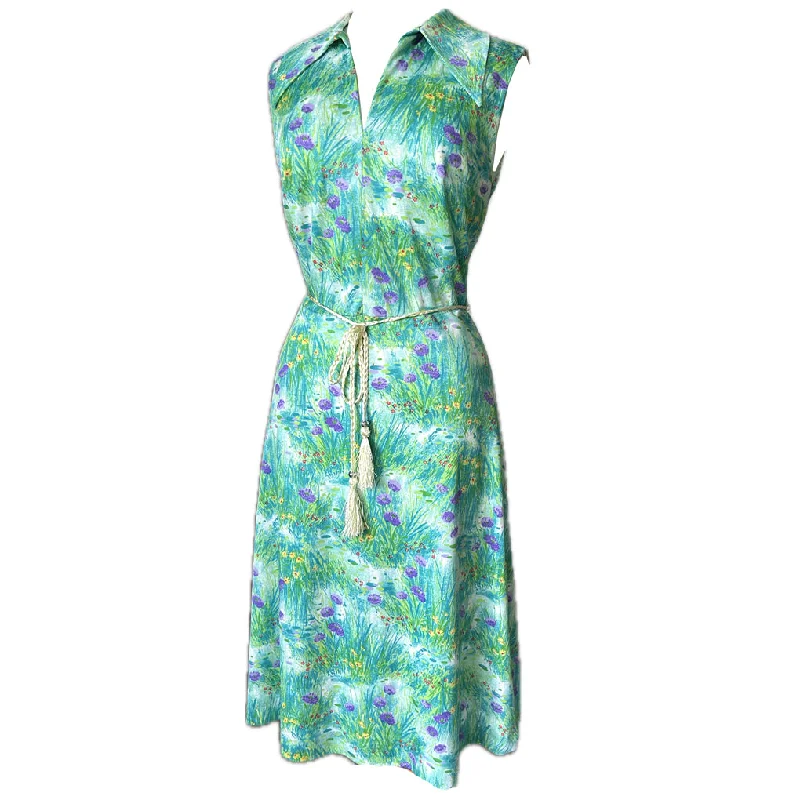 Stock Clearance Green and purple impressionist floral vintage 1970s sleeveless day dress Stock Clearance Green and purple impressionist floral vintage 1970s sleeveless day dress