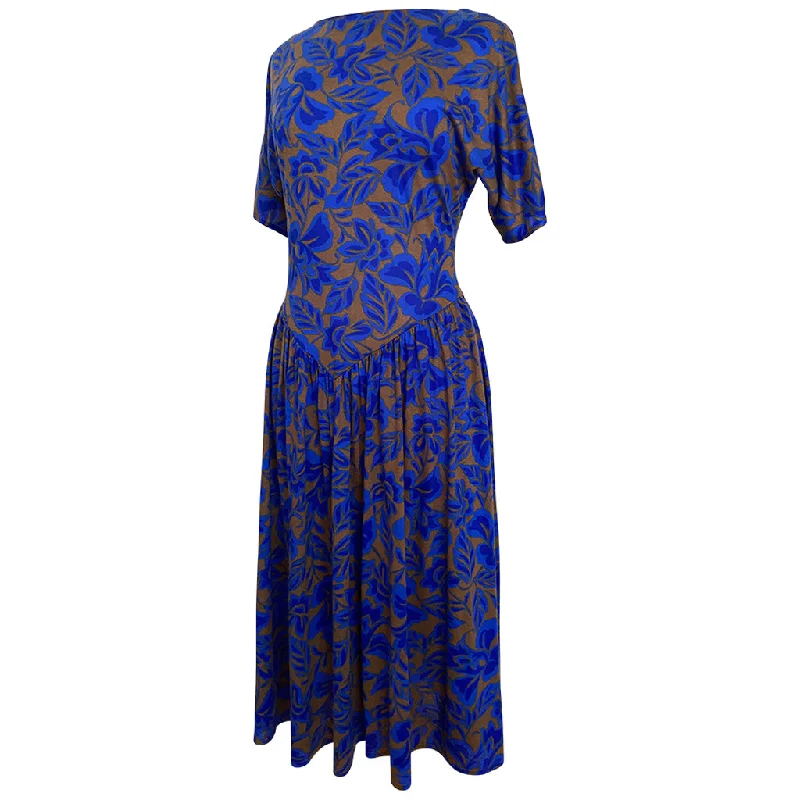 Deal of the Week Cobalt blue and taupe floral vintage 1980s jersey day dress