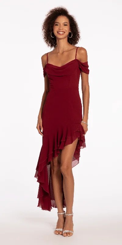 Chiffon Off the Shoulder Drape High Low Dress with Ruffle Hem