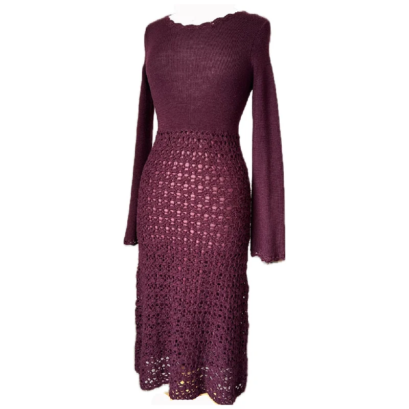 Deal of the Day Deep claret crochet knit vintage 1970s midi dress