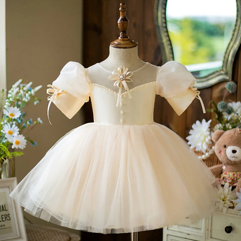 Year-End Sale Baby Girl Dress Toddler Puff Sleeves Cute Mesh Flower Girl Dress Princess Dress