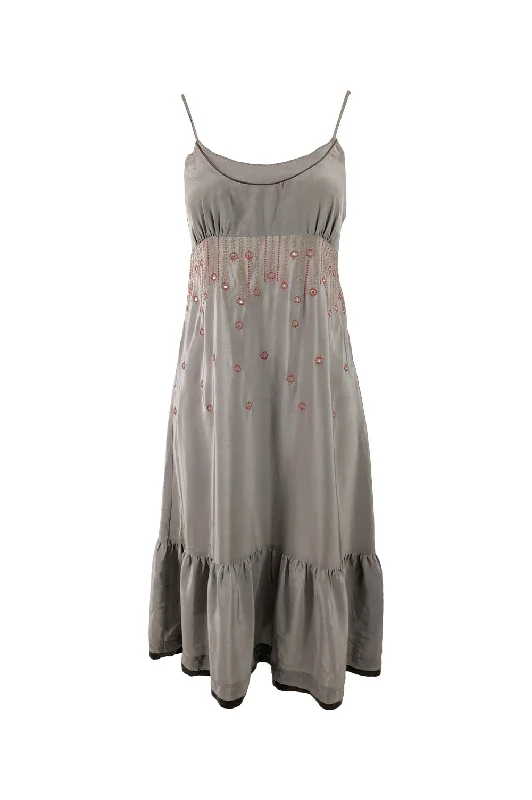 Instant Savings Sandro Paris Vintage y2k Taupe Silk Embroidered Dress, 2000s