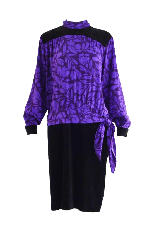 Crazy Deals Guy Laroche Vintage Purple Jacquard & Black Velvet Dress, 1980s