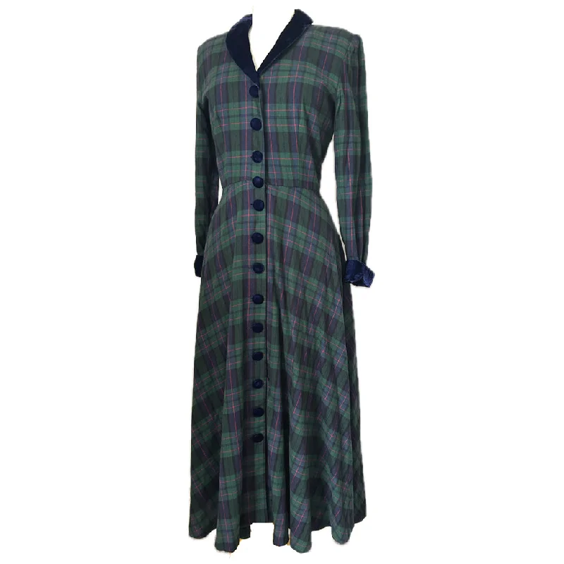 One-DAY Sale Navy and green tartan plaid vintage 1980s dress with blue velvet trim