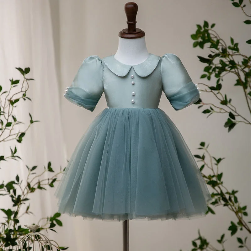 Factory Direct Sale Girl Princess Dress Baby Girl Green Beaded Mesh Vintage Formal Dresses Toddler Ball Gowns