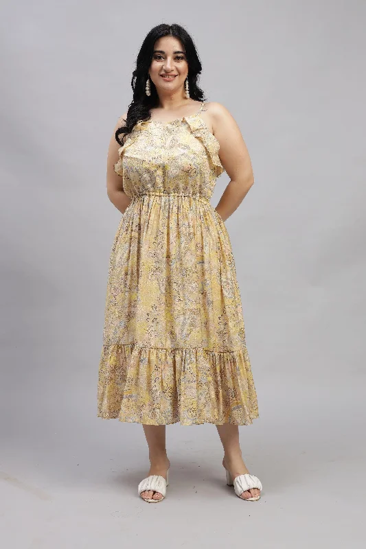 Today's Special Curvy Lane Women Plus Size Ruffle Neck Pleated Flare Dress