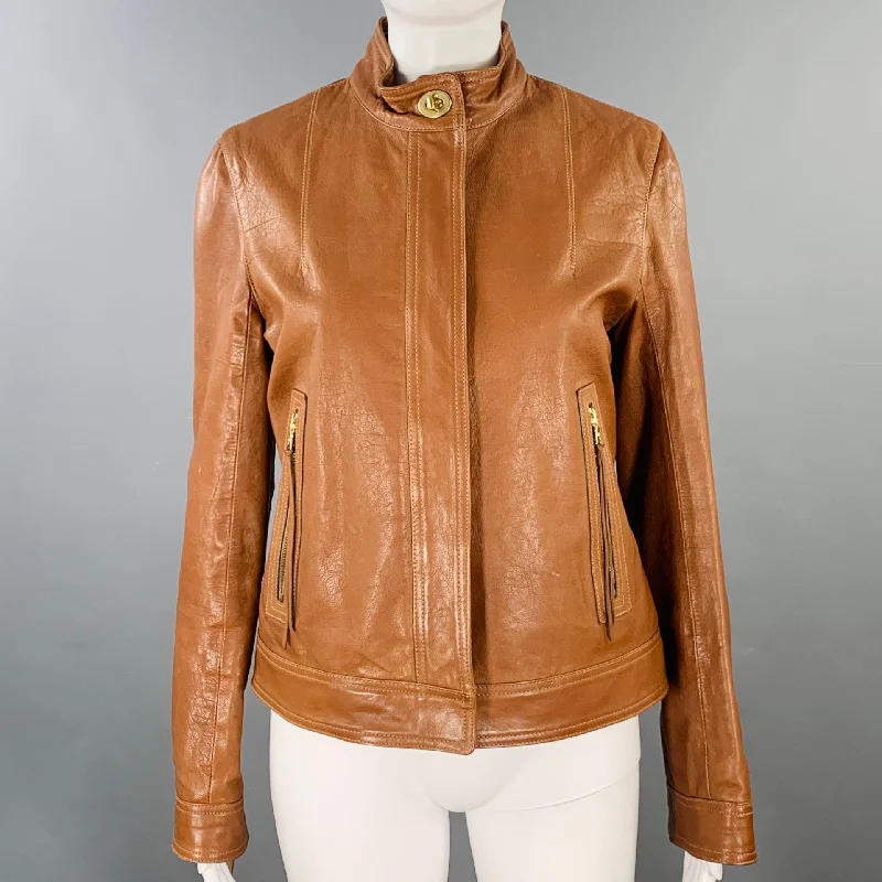 Lowest Price COACH Size 8 Brown Gold Leather Zip Pockets Jacket
