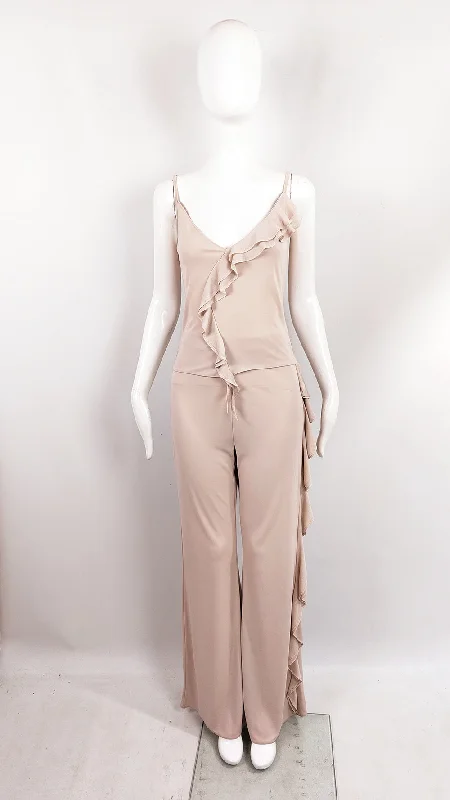 Discount Extravaganza Orna Farho Paris Vintage Beige Ruffled Two Piece Top & Trousers Set