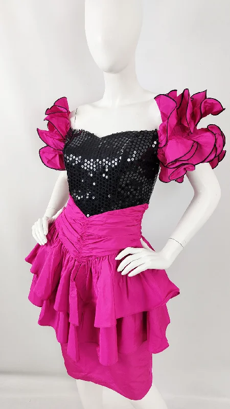 Super Sale Vintage Magenta Taffeta & Black Sequin 1980s Prom Dress