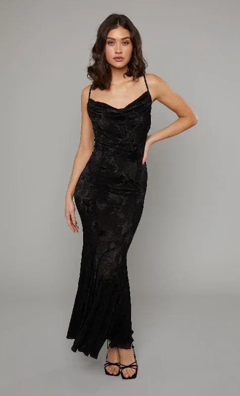 Amazing Deals Black Cowl Neck Floral Mesh Maxi Dress
