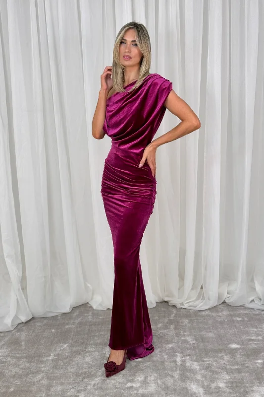 Blowout Sale Alexandra Velvet Bardot Dress In Magenta