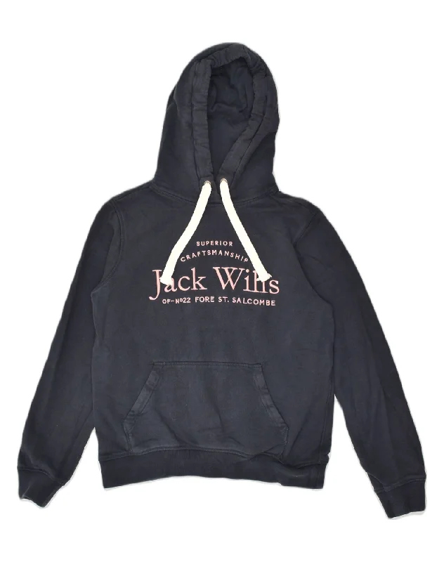 Shop and Save JACK WILLS Womens Graphic Hoodie Jumper UK 10 Small Navy Blue Cotton