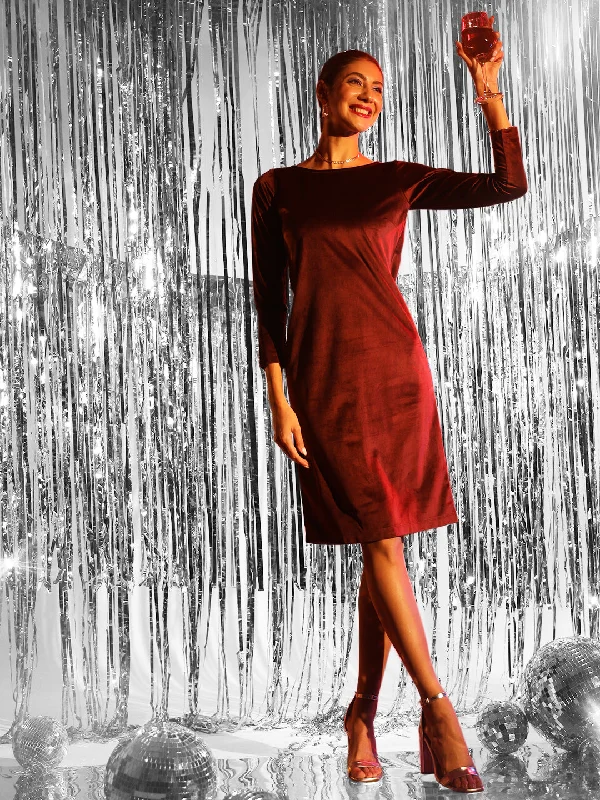 Instant Discount Stretch Velvet Dress- Maroon