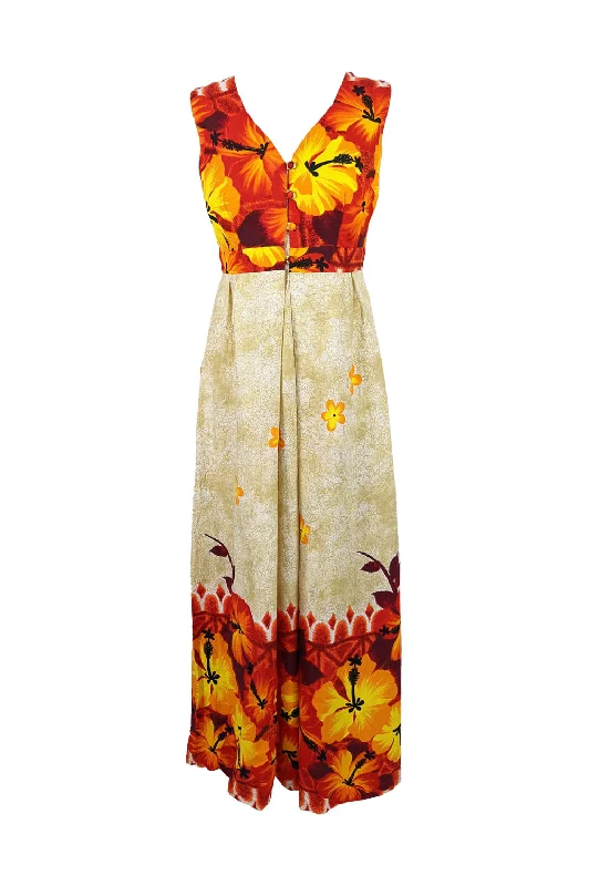 Act Now Island Casuals Vintage Sleeveless Orange Hawaiian Maxi Dress, 1960s