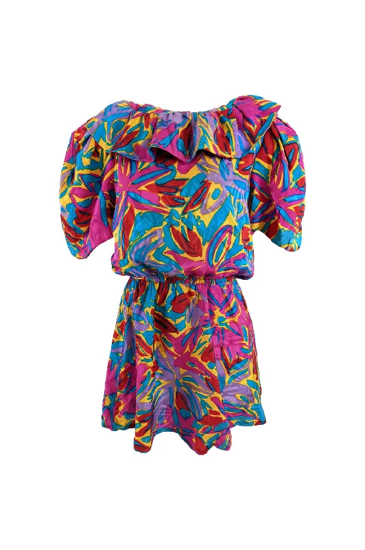Flash Deals Flora Kung Vintage Bright Mini Silk Puff Sleeve Dress, 1980s
