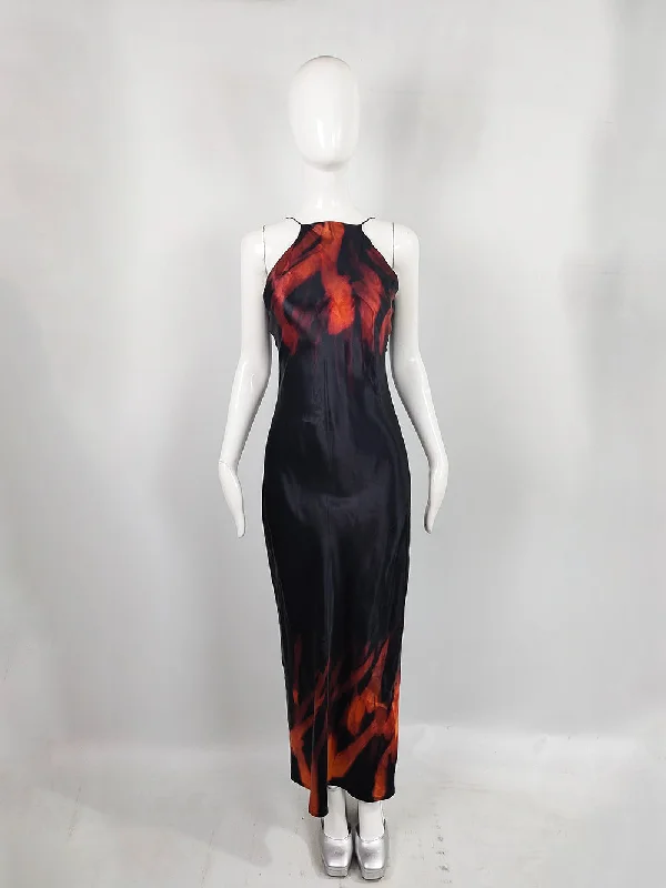 Overstock Sale Anthea Mooney Vintage Flame Print Acid Treated Satin Slip Dress, 1980s