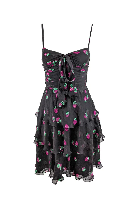 Limited Edition Vintage Strawberry Print Ruffled Silk Chiffon Dress, 1990s