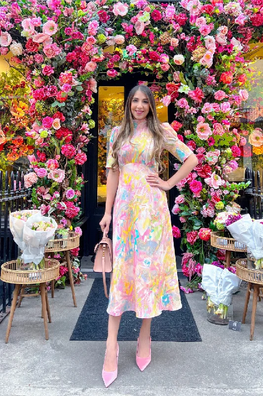 Deal Dash Closet London Multi Pink Print High Neck A-Line Midi Dress
