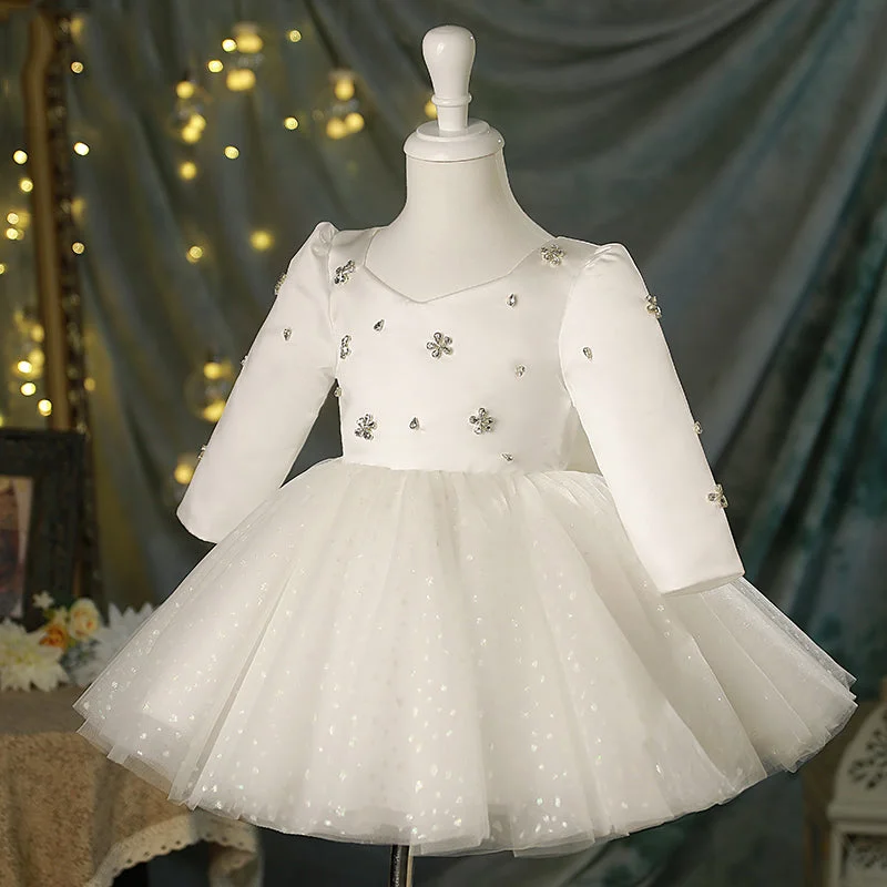 Steals and Deals Baby Girl Dress Toddler White Long Sleeve Sequin Flower Girl Dress Fluffy Princess Christening Dress