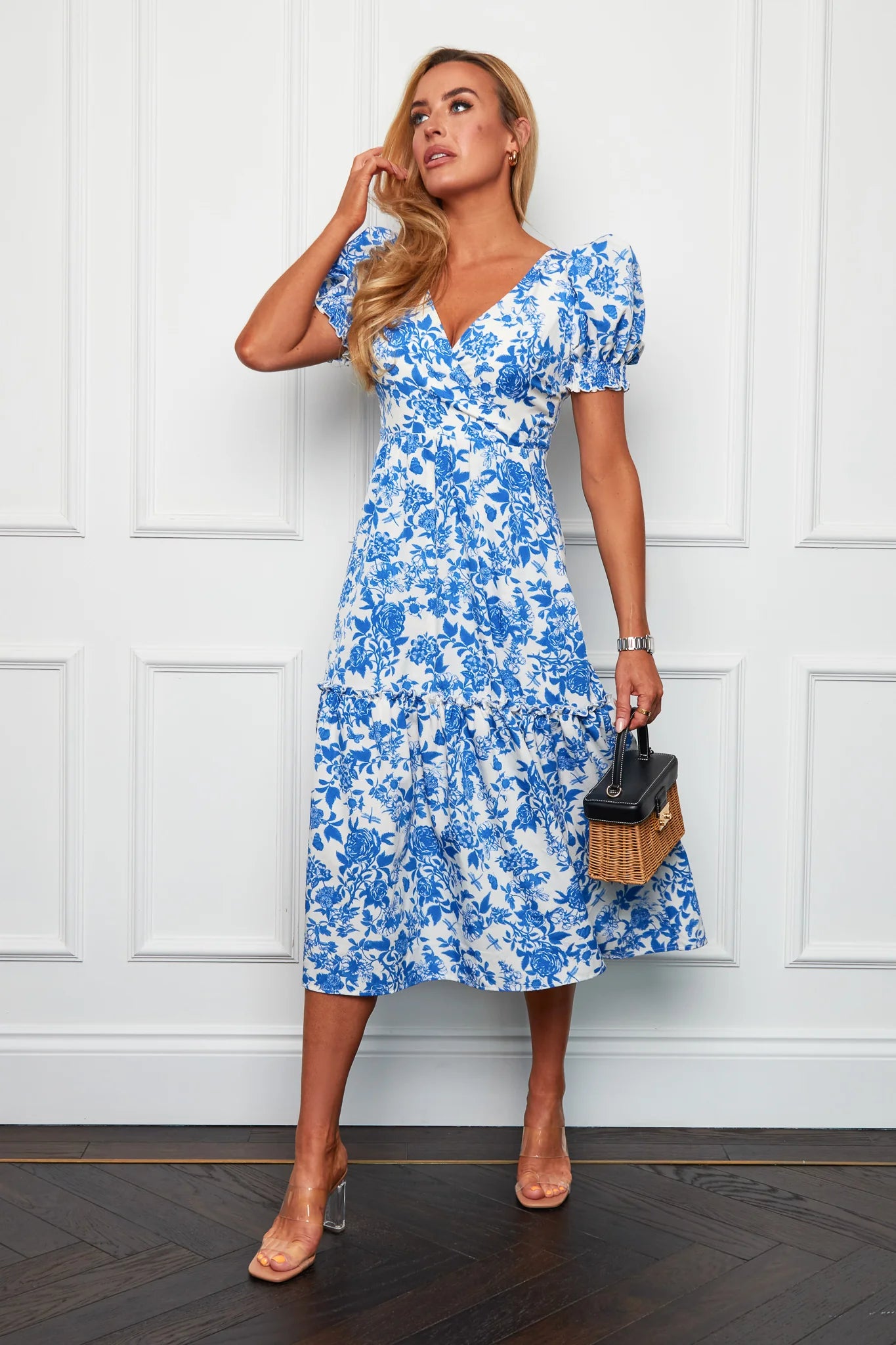 Deal Mania Girl in Mind Maya Wrap Tierred Midi Dress in Blue Floral
