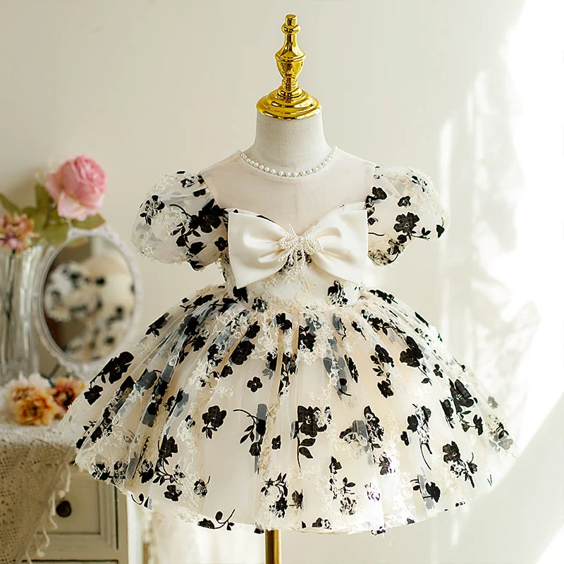 Weekend Deal Toddler Prom Dress Little Girl Princess Bow Printed Fluffy Communion Party Dress