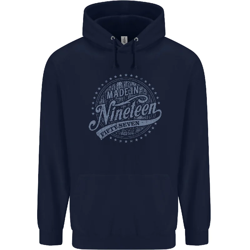 New Markdowns Distressed 67th Birthday Made In 1957 Mens 80% Cotton Hoodie Navy Blue New Markdowns Distressed 67th Birthday Made In 1957 Mens 80% Cotton Hoodie Navy Blue