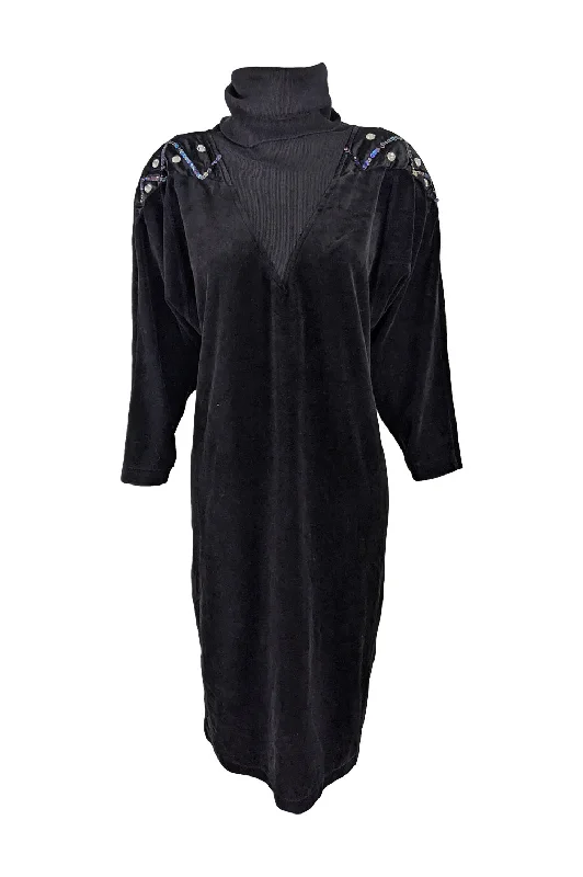 Weekend Special Vintage Black Velour Beaded Oversized Party Dress, 1980s