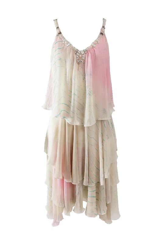 Midnight Madness Iceberg Vintage Silk Chiffon Cream Tiered Dress, 2000s