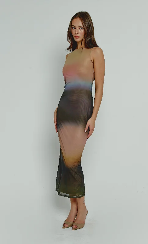 Limited Quantity Multi Blur Print Mesh Maxi Dress