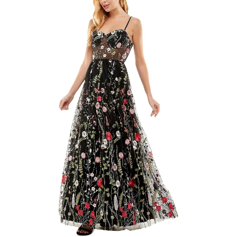 City Studio Womens Juniors Floral Embroidered Evening Dress