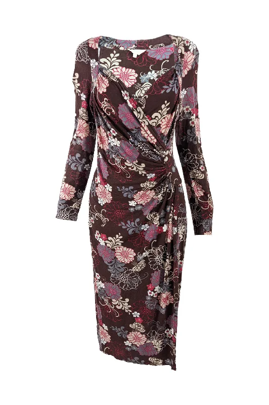 Massive Deals Ronit Zilkha Vintage Brown Jersey Floral Ruched Dress, 1990s