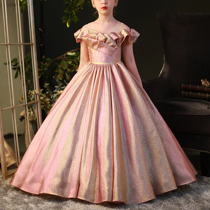 Stock Clearance Flower Girl Dress Children Summer Pink Elegant Pageant Puffy Birthday Party Dress
