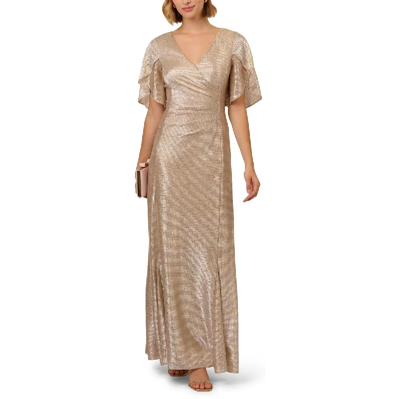 Adrianna Papell Womens Metallic Flutter Evening Dress