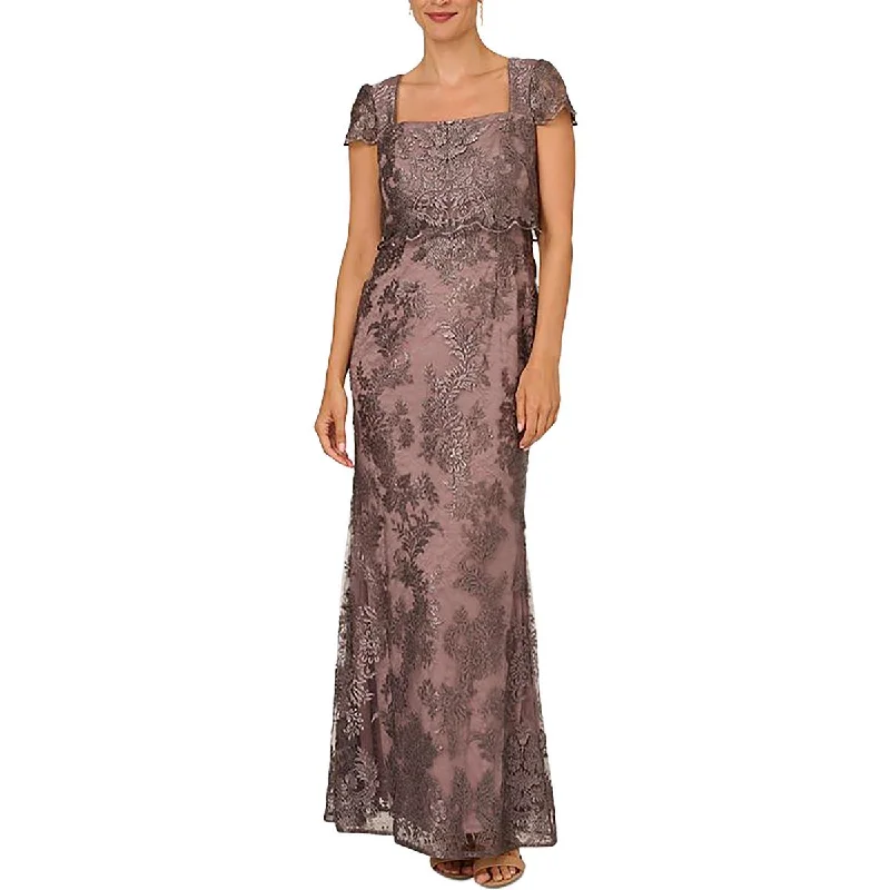 Adrianna Papell Womens Mesh Inset Square Neck Evening Dress