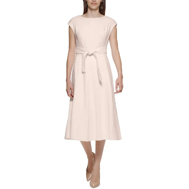 Calvin Klein Womens Tie Waist Midi Fit & Flare Dress