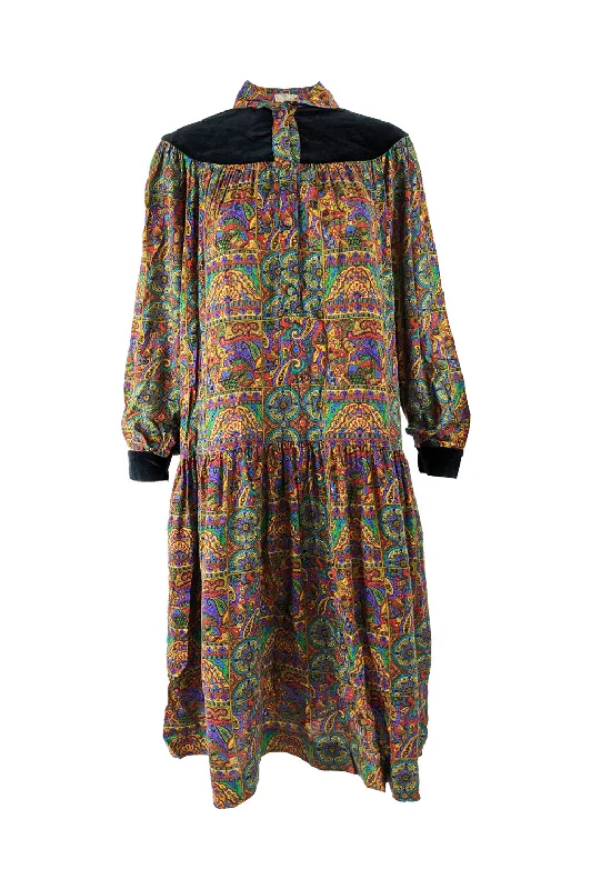 Price Cut Womens Vintage Paisley & Velvet Boho Smock Dress, 1970s