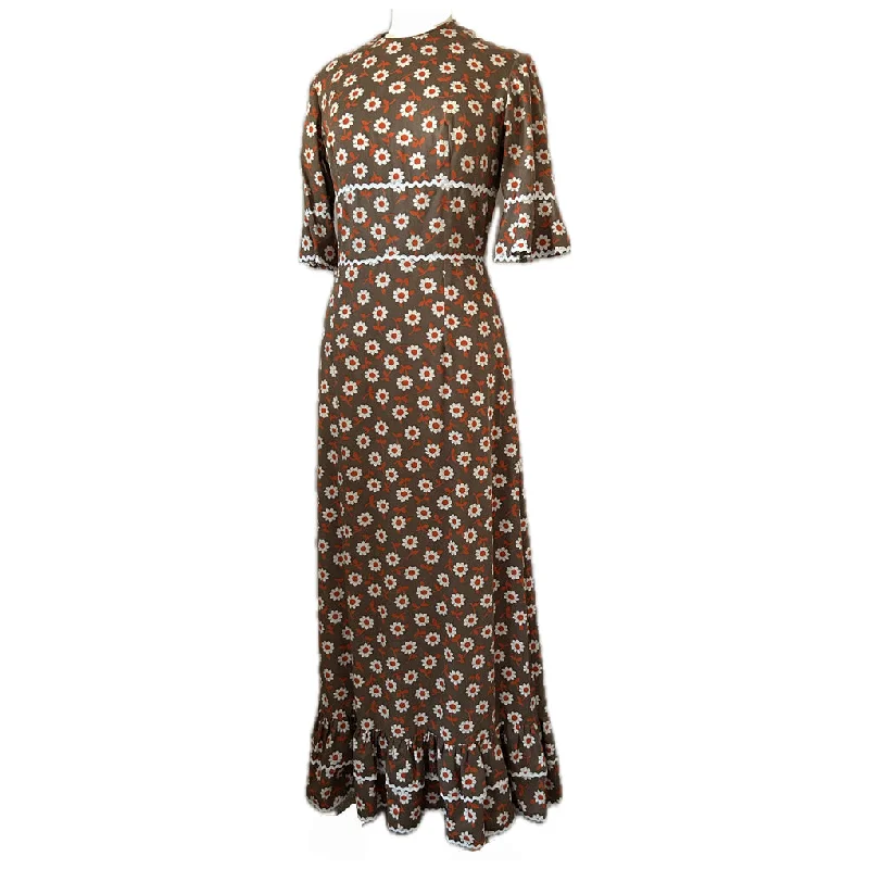 Unbeatable Prices Daisy print vintage late 1960s brown, orange and white cotton maxi dress