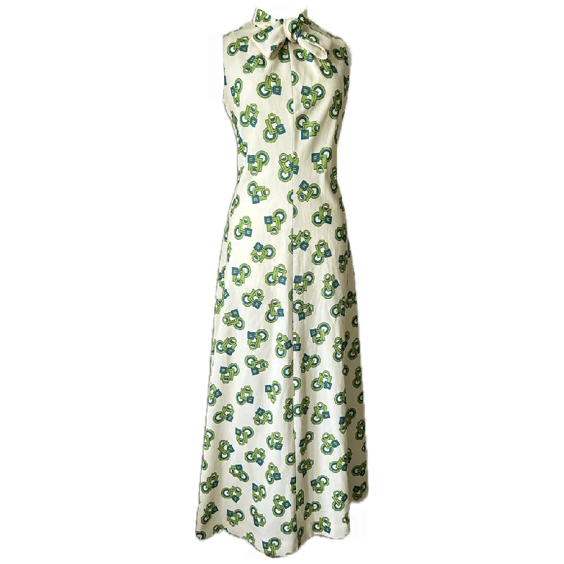 Act Now Cream, green and blue geometric print vintage 1970s bow collar maxi dress