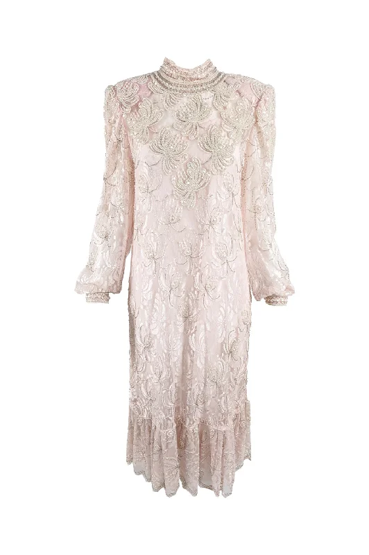 Buy Now Vintage Sheer Pink Lace Faux Pearl Beaded Dress, 1980s