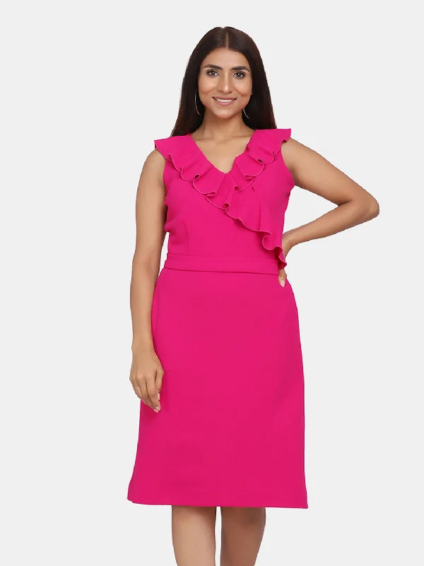 Inventory Reduction Ruffle Neckline Evening Formal Dress - Fuchsia